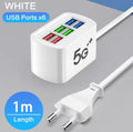 USB-laddare med 6 portar och 1 m kabel – vit
