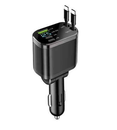 Billaddare 5-i-1 med två infällbara USB-C-kablar och spänningsdisplay