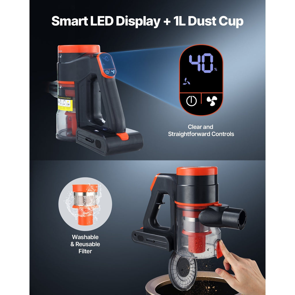 LED-display och 1 L dammbehållare med tvättbart filter