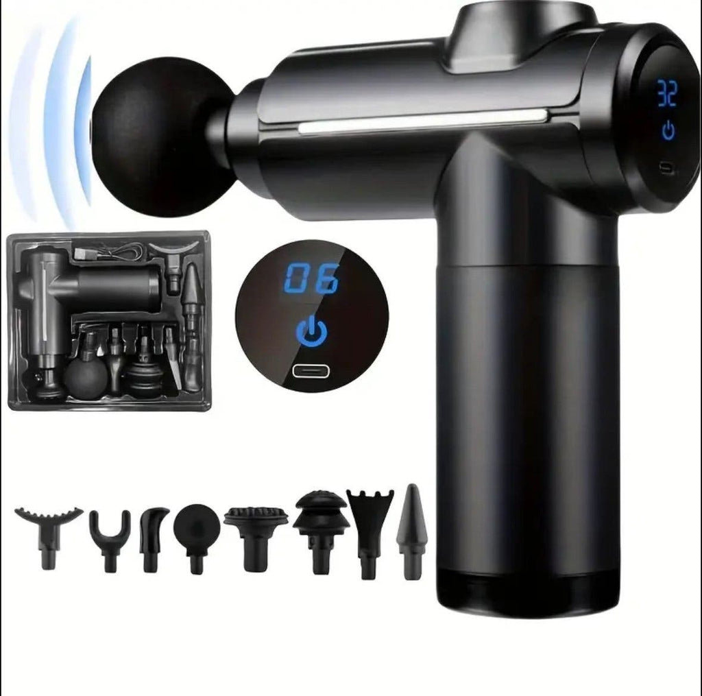 Massagepistol med 8 massagehuvuden och LED-display
