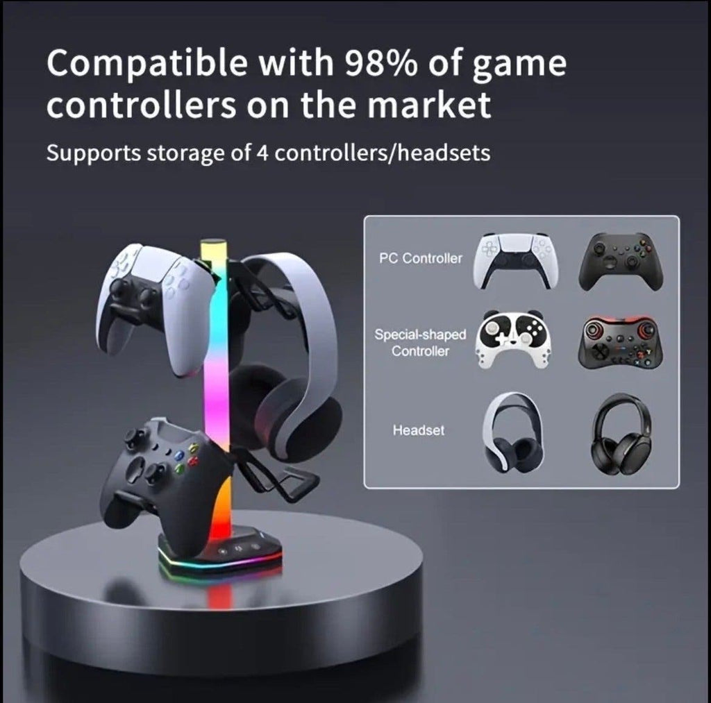 RGB-ställ för spelkontroller och headset med laddning