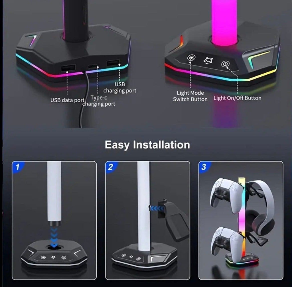 RGB-ställ för spelkontroller och headset med laddning
