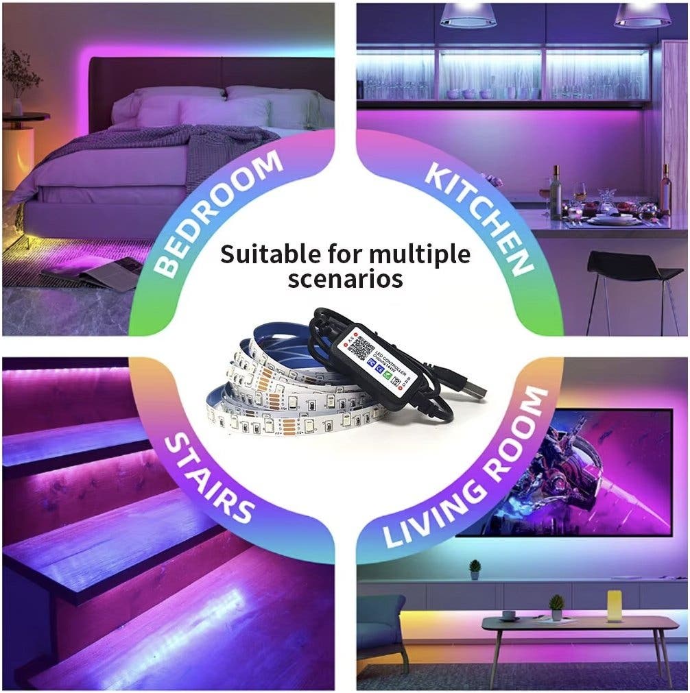 RGB LED-list 5 m med USB, Bluetooth-app och fjärrkontroll