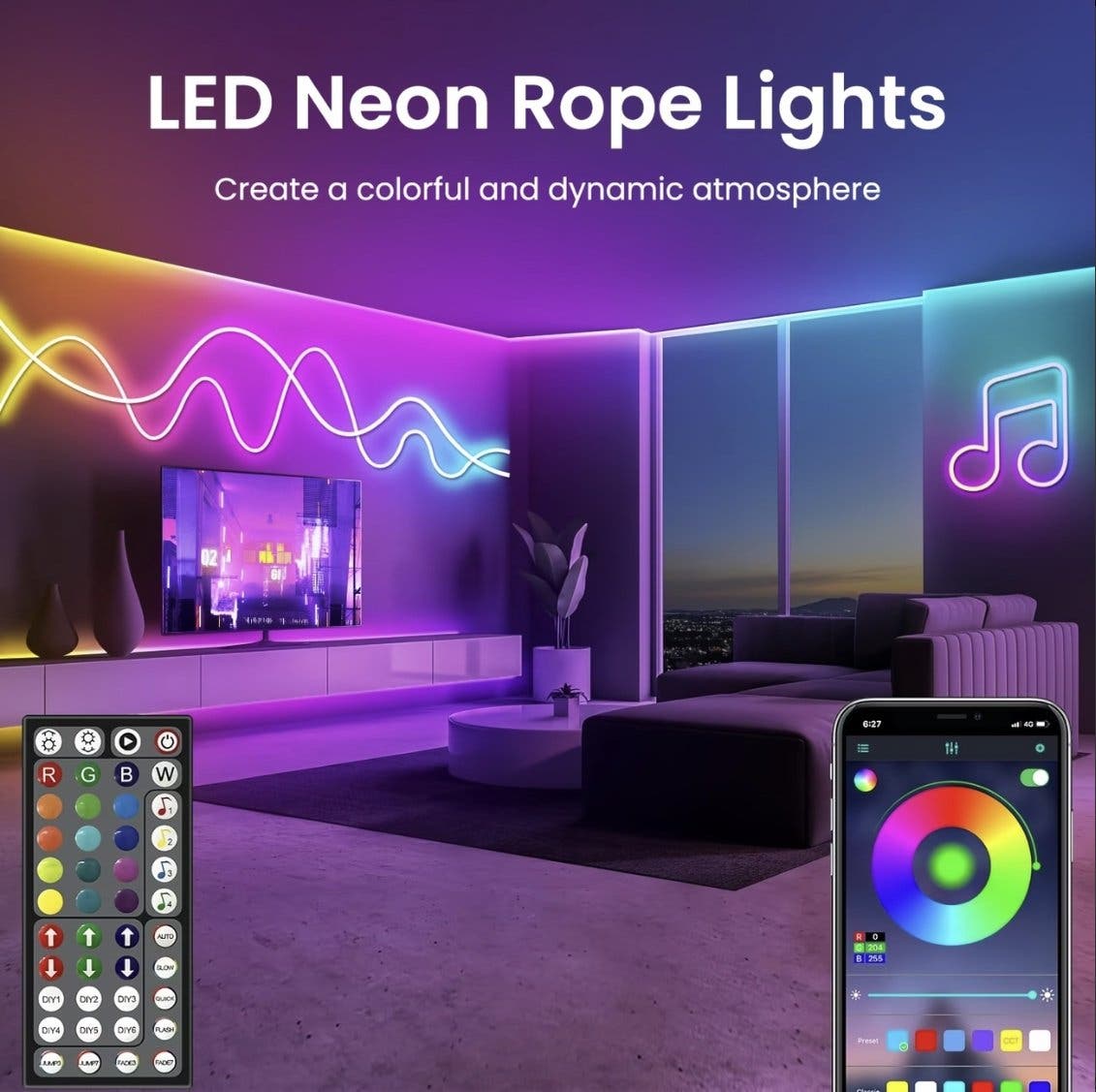 RGB LED Neon Rope 10 m med app och fjärrkontroll