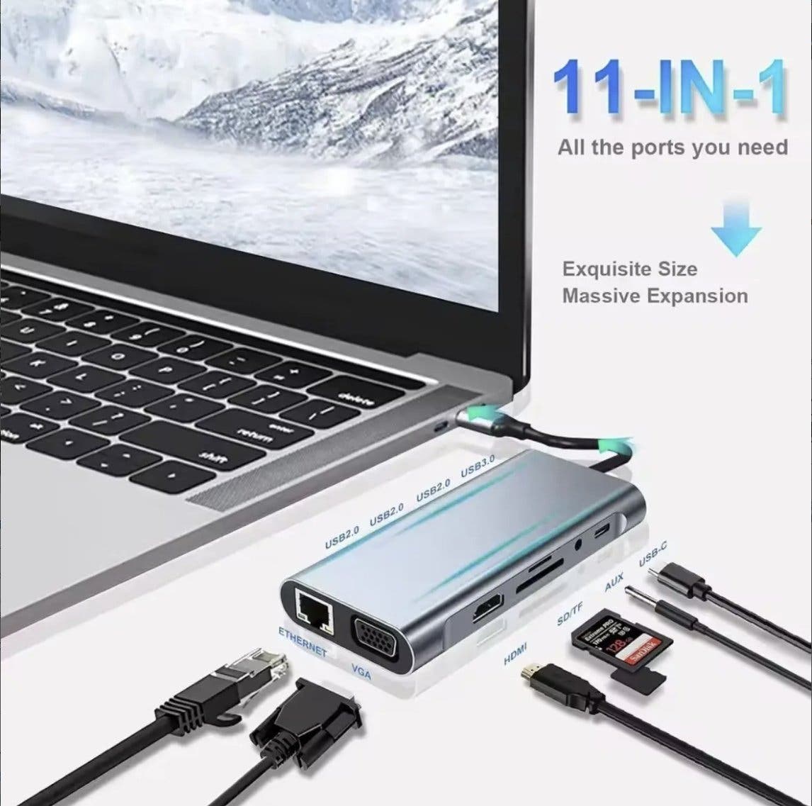 USB-C-hubb 11-i-1 med HDMI 4K, VGA och RJ45