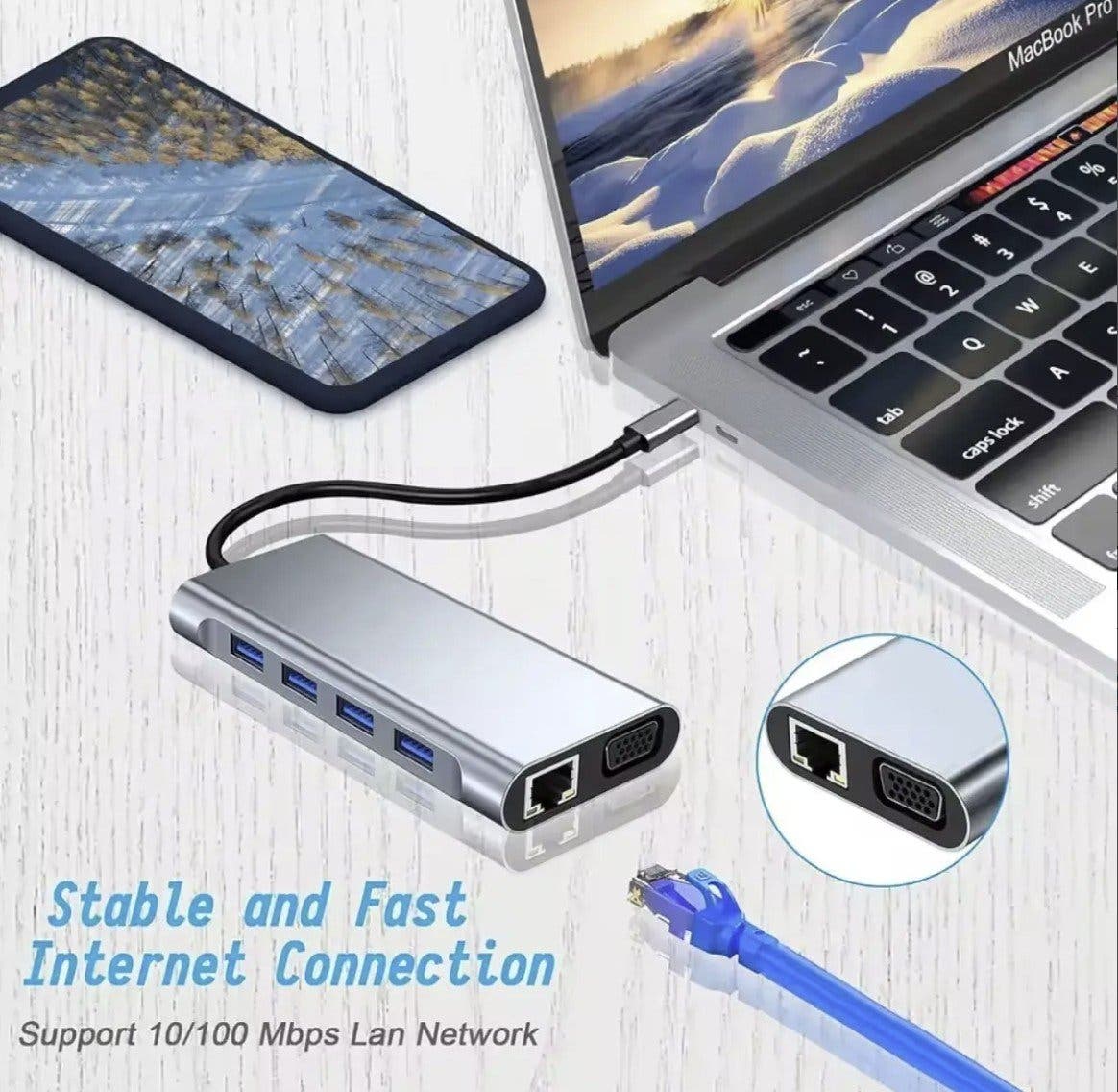 USB-C-hubb 11-i-1 med HDMI 4K, VGA och RJ45