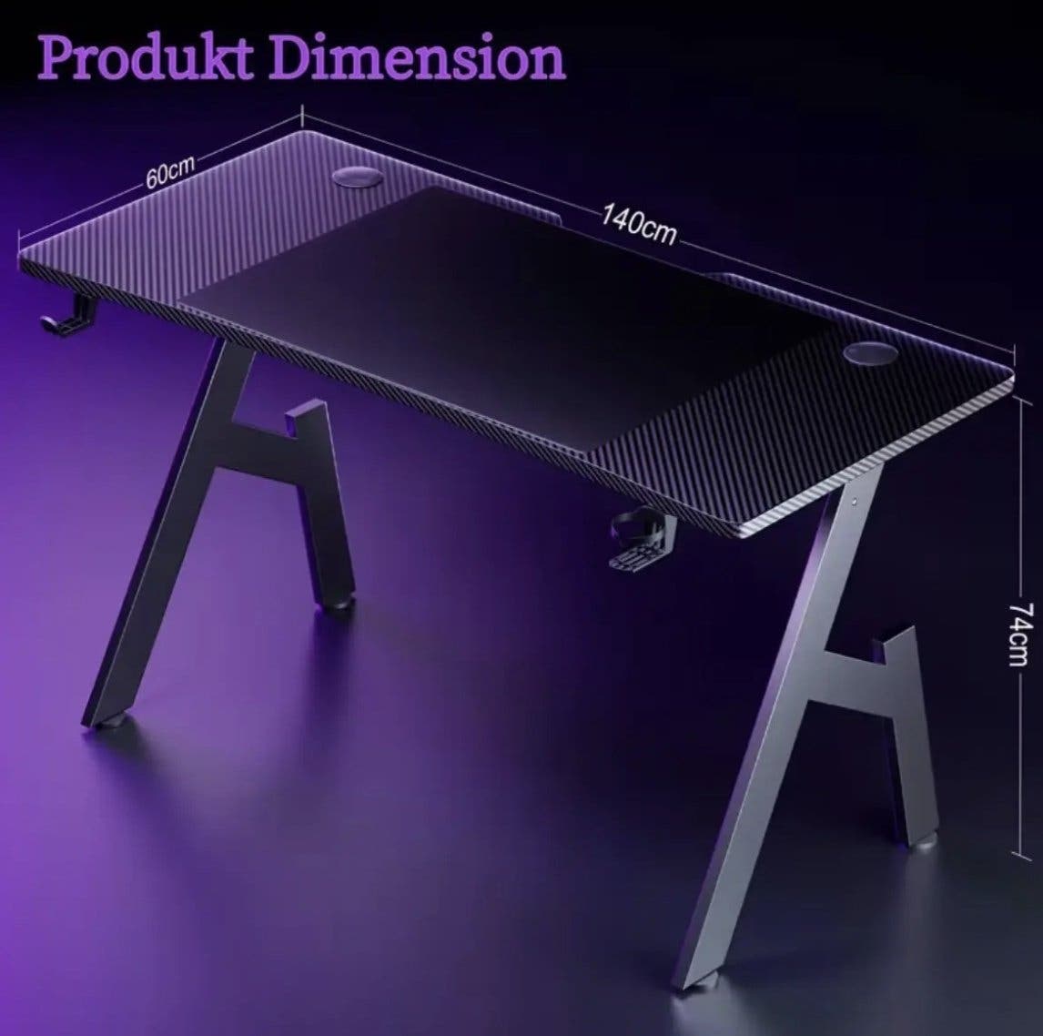 Gamingbord 140 × 60 cm med mugghållare och hörlurskrok