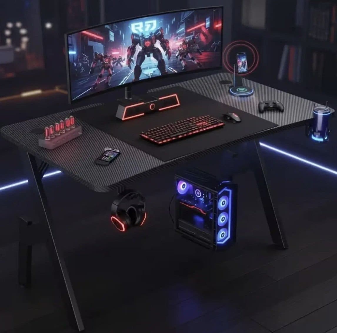 Gamingbord 140 × 60 cm med mugghållare och hörlurskrok