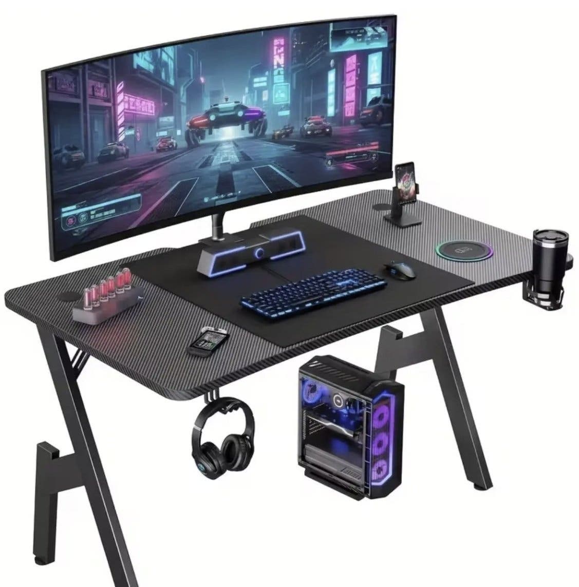 Gamingbord 140 × 60 cm med mugghållare och hörlurskrok
