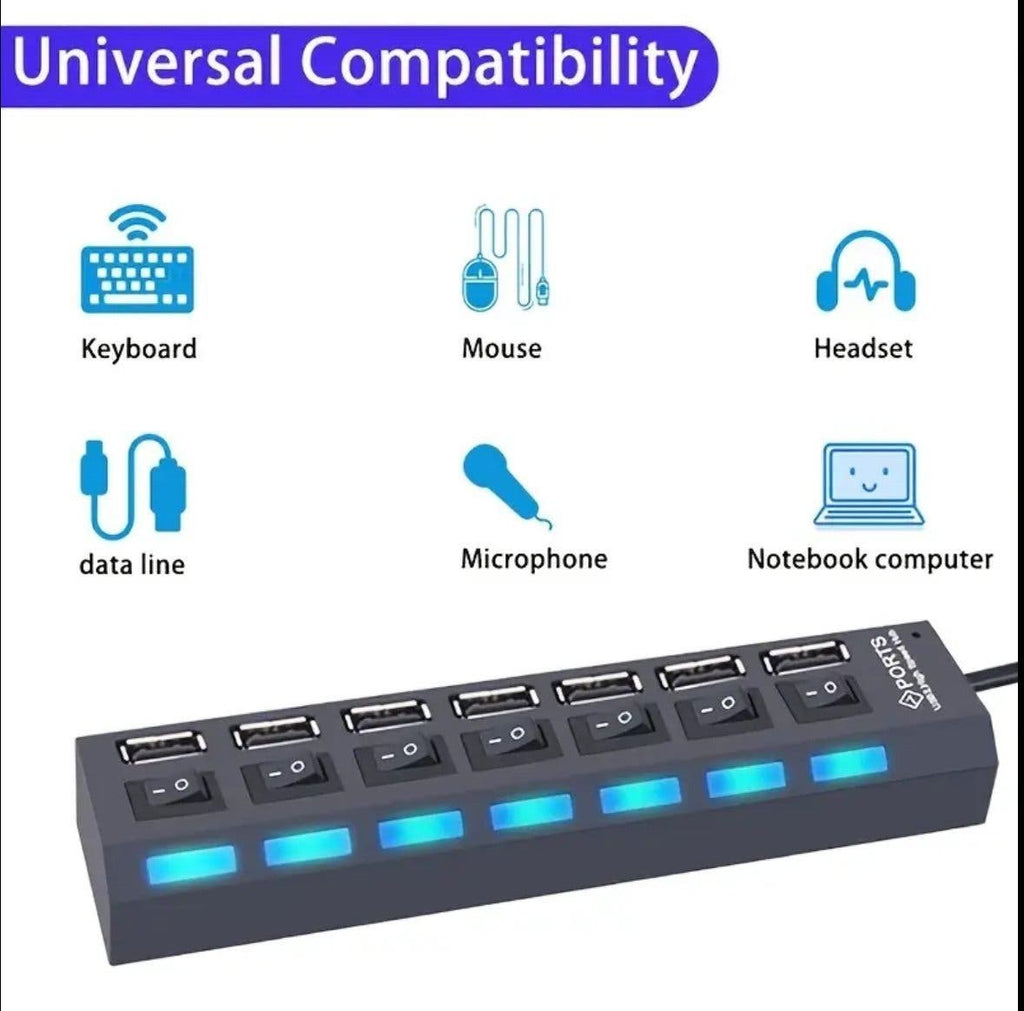 USB-hubb 7 portar med individuella strömbrytare och LED