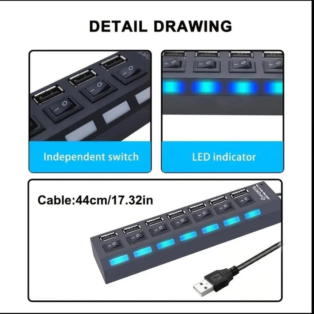 USB-hubb 7 portar med individuella strömbrytare och LED