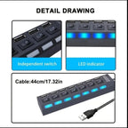 USB-hubb 7 portar med individuella strömbrytare och LED