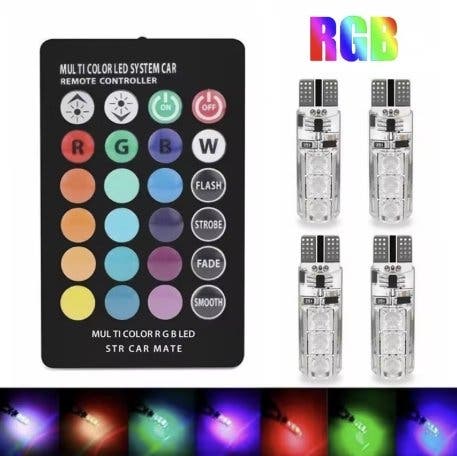 4-pack RGB LED-lampor för bil T10/W5W med fjärrkontroll, 12V