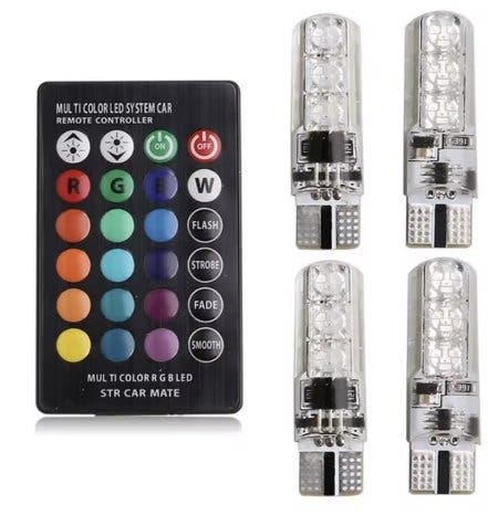 4-pack RGB LED-lampor för bil T10/W5W med fjärrkontroll, 12V