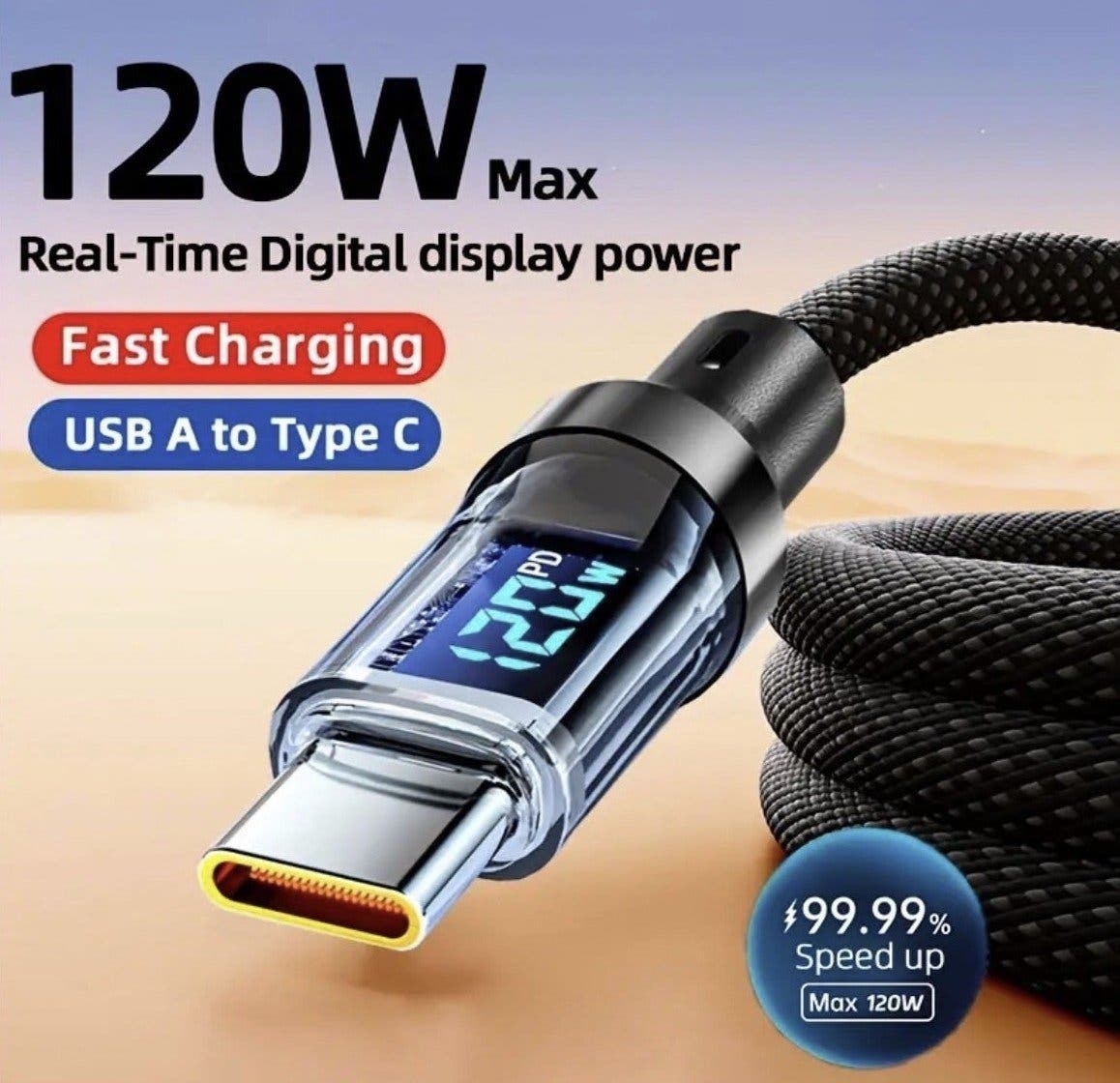 Laddkabel USB-A till USB-C 120W med digital display