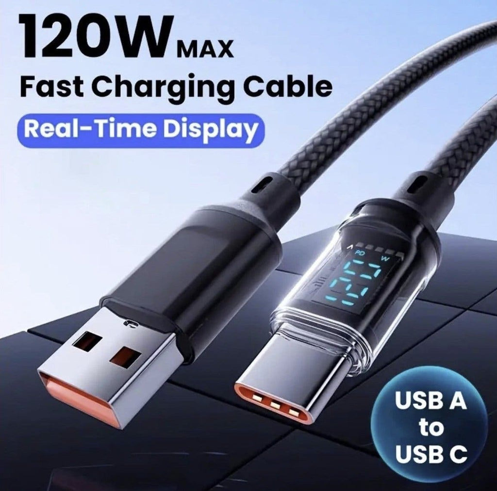 Laddkabel USB-A till USB-C 120W med digital display