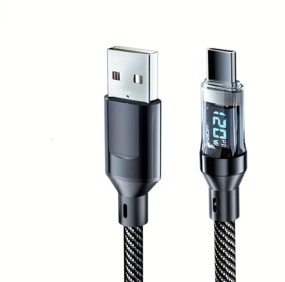 Laddkabel USB-A till USB-C 120W med digital display