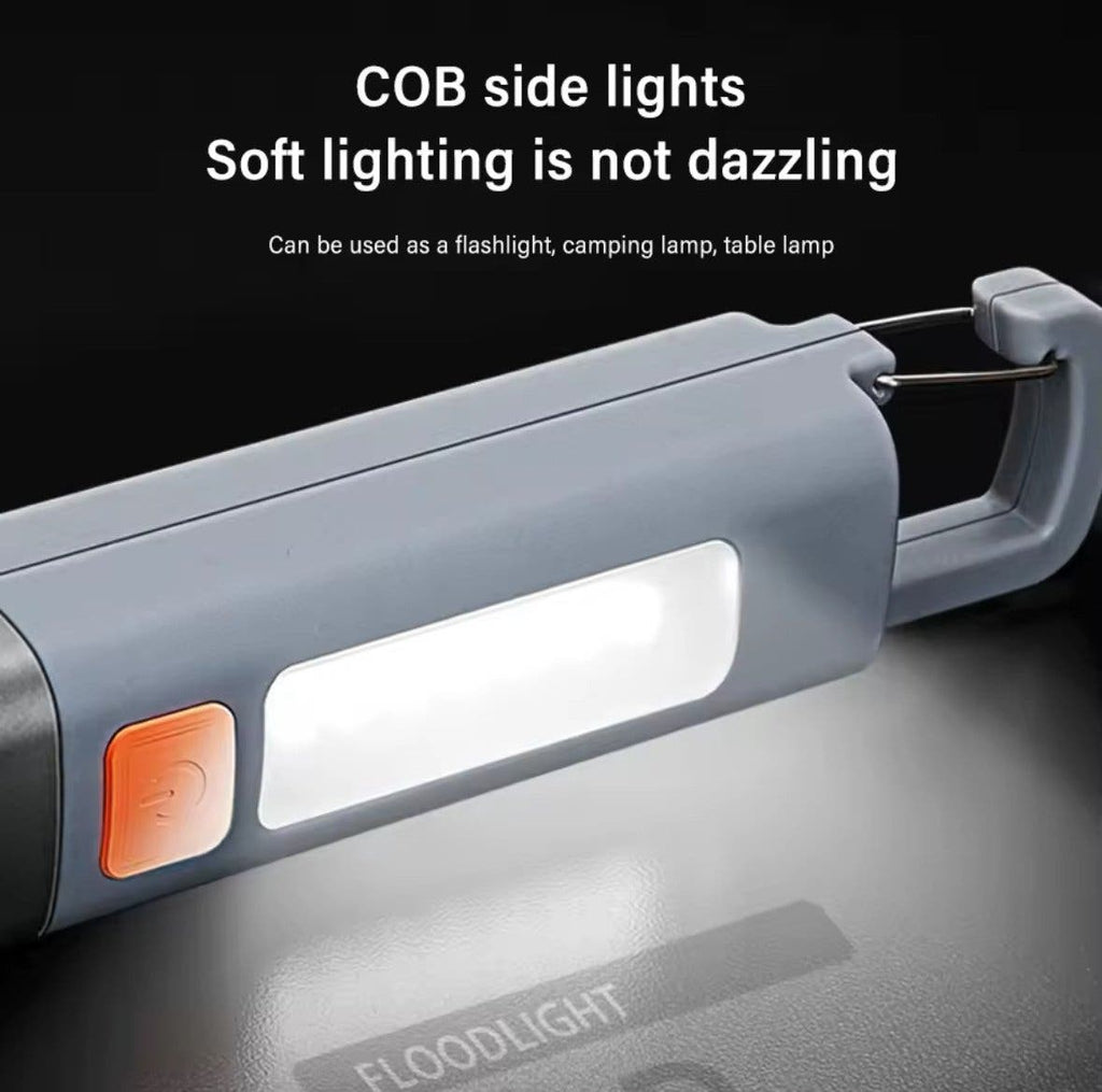 Uppladdningsbar LED-ficklampa med COB-sidoljus, zoom och krok