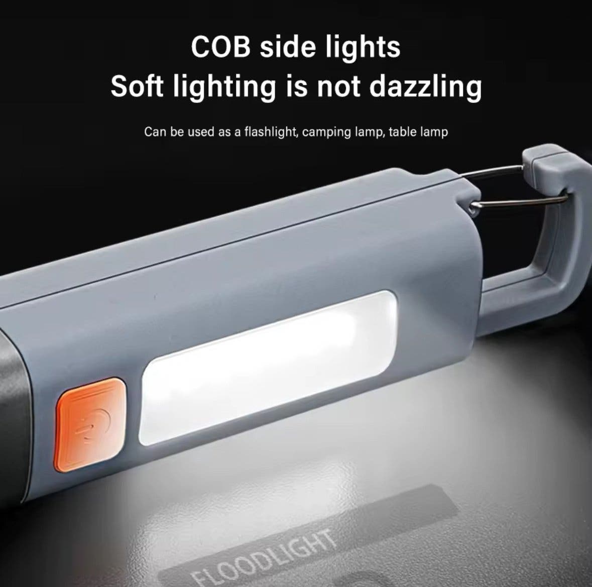 Uppladdningsbar LED-ficklampa med COB-sidoljus, zoom och krok