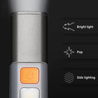 Uppladdningsbar LED-ficklampa med COB-sidoljus, zoom och krok