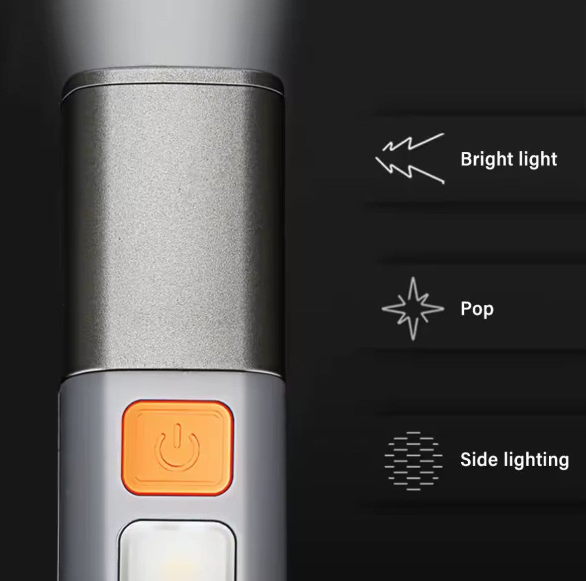 Uppladdningsbar LED-ficklampa med COB-sidoljus, zoom och krok