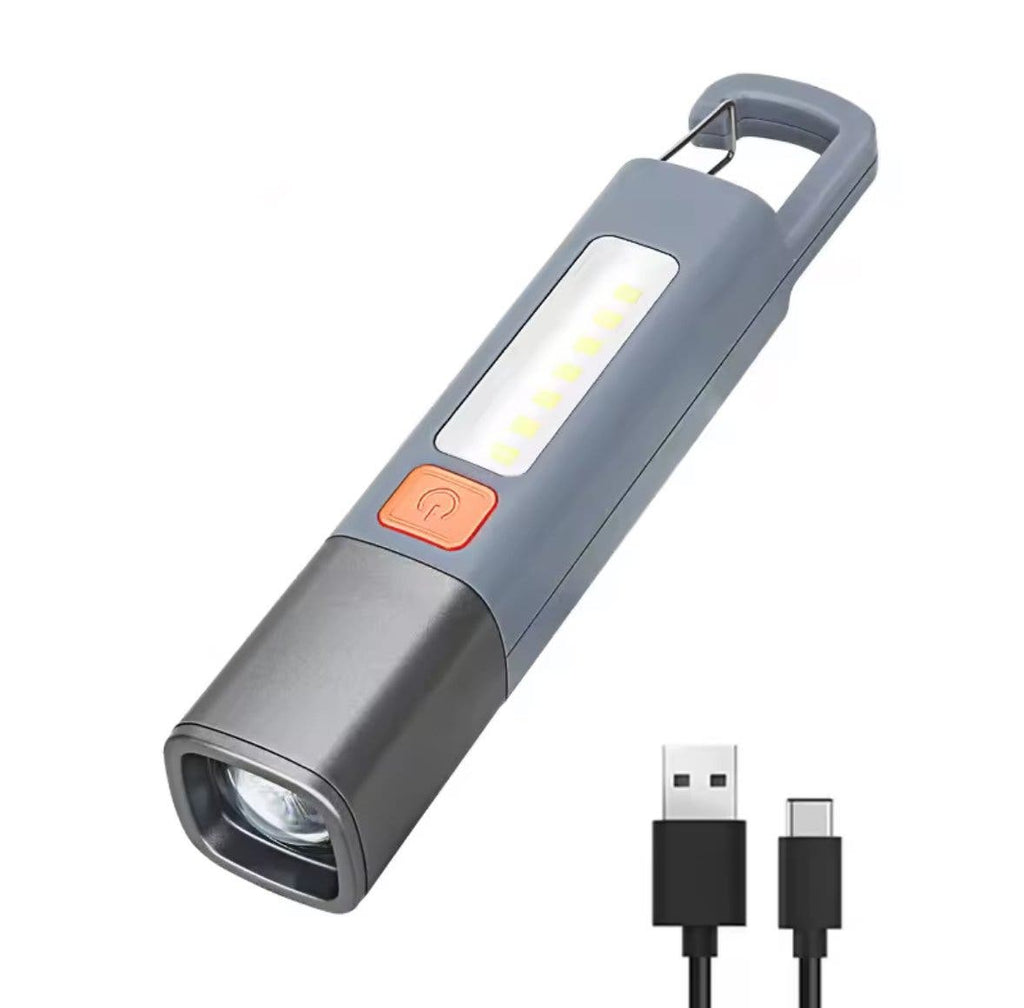 Uppladdningsbar LED-ficklampa med COB-sidoljus, zoom och krok