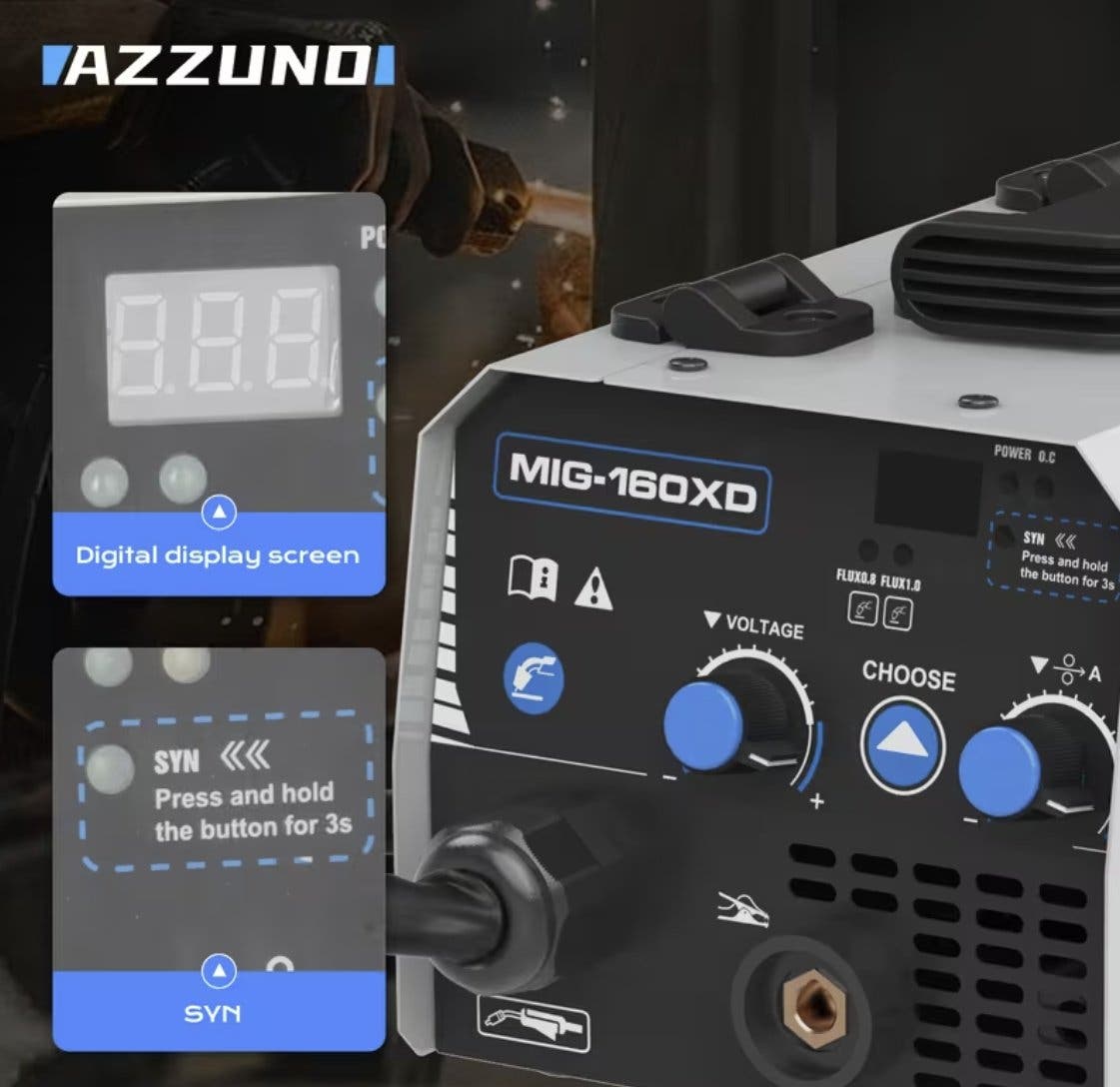 AZZUNO MIG-160XD gasfri MIG-svets 220 V – digital display, för flusskärnetråd
