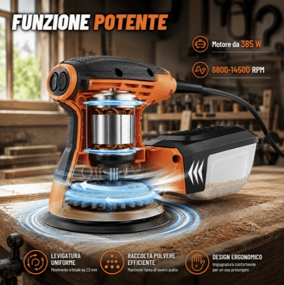 Excenterslip 350W 125 mm – 6 hastigheter med dammbox och 12 slippapper
