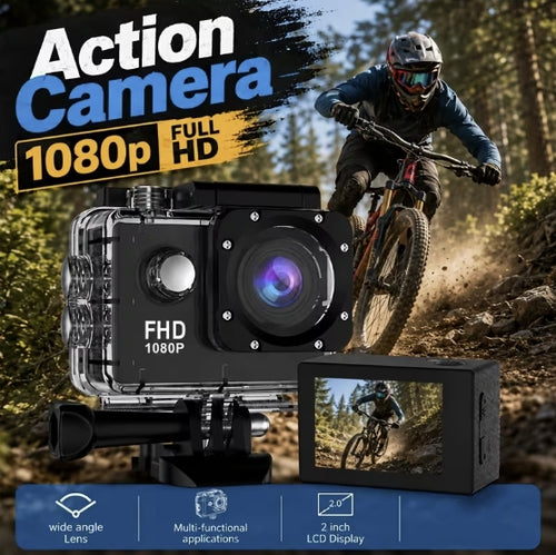 Actionkamera Full HD 1080p – 2" skärm, 120° vidvinkel och vattentätt hölje